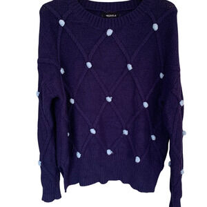 Women's Small Cable Knit Blue Pom Contrast Pullover Oversized Joyful Times